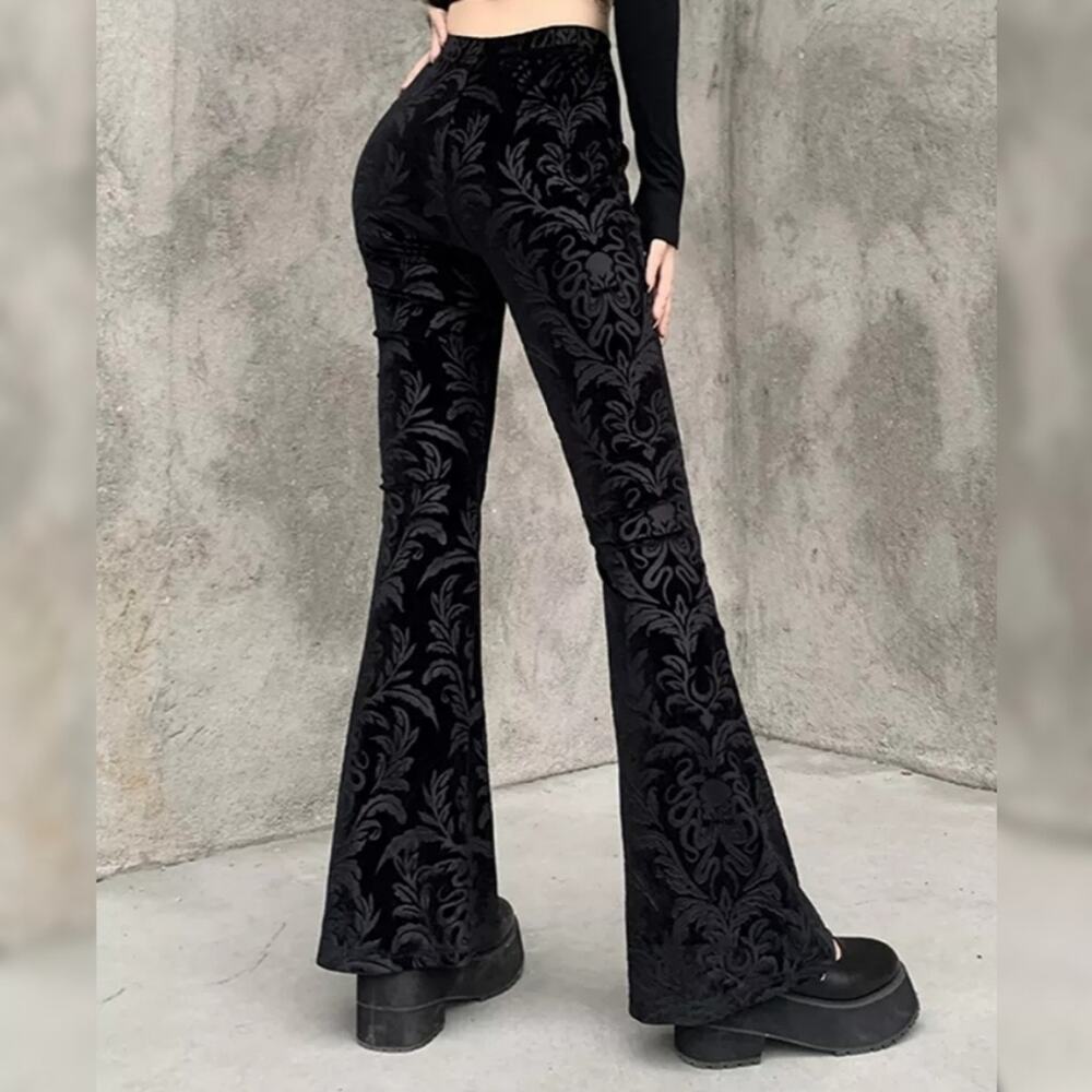 NWT Large Black Velour Damask Brocade Goth Cthulhu Flares - Picture 7 of 12